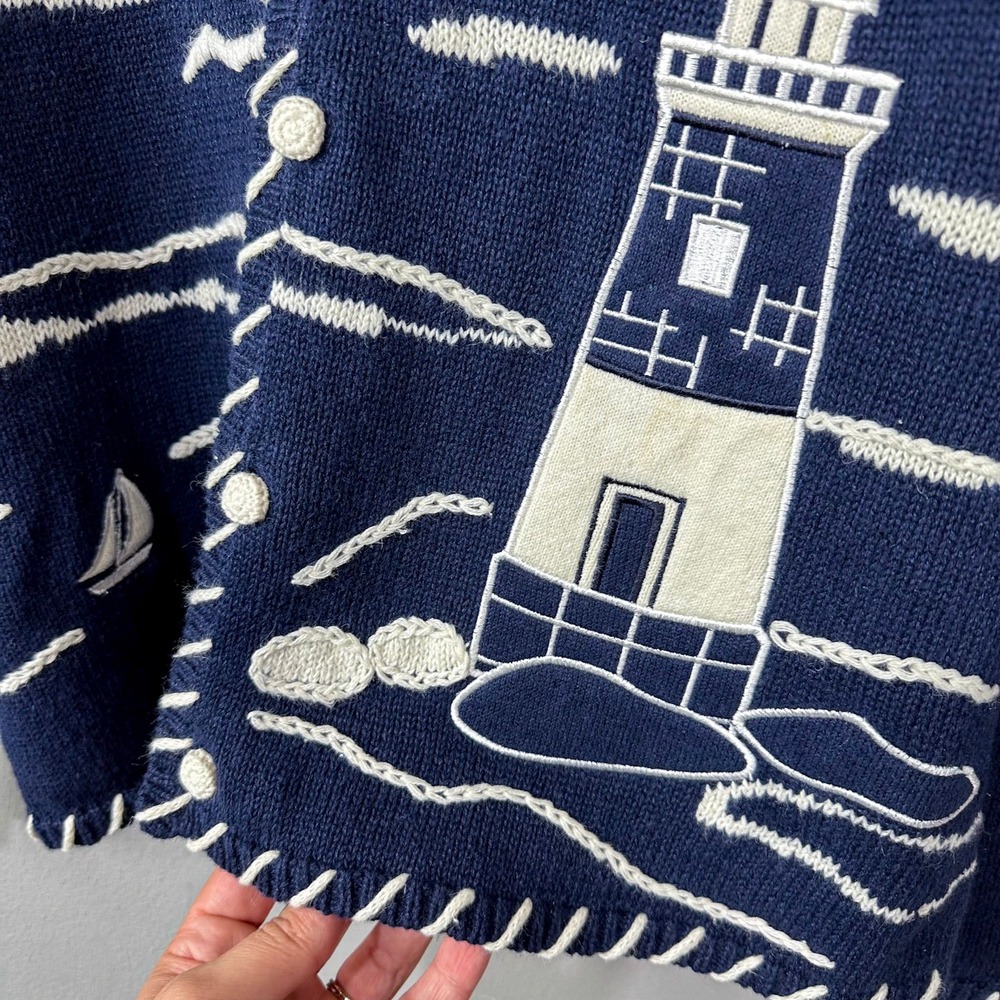 Vintage Cardigan Top Set Womens Size L Navy Blue Nautical Lighthouse Timberlea - Picture 7 of 15